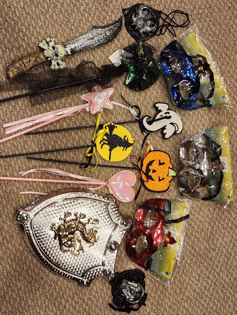 Play & Halloween Accessory lot, wands, masks, medallions, shield, rubber dagger